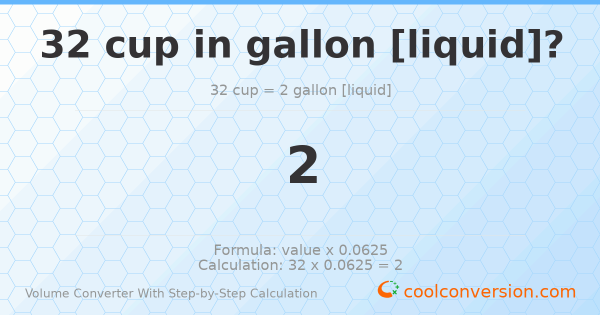32 cups = 2 gallons [liquid]